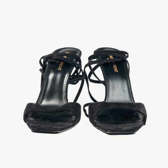 Saint Laurent Paz Black Suede Lace-Up Green-Heeled Sandals - Picture 3 of 11